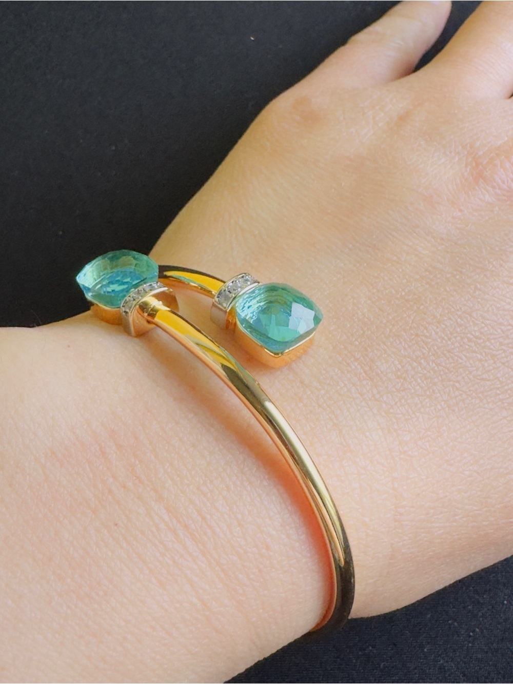 Gold Bypass Bracelet with Aqua Green Gem Accents - Picture 4 of 5